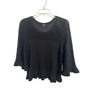 Black Sheer Open Knit 3/4 Bell Sleeve Sweater Size Large Whimsigoth Dark Romance